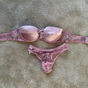 NWOT I.D. Sarrieri Pink Silk Strapless Bra in 34B and Thong in Small Set